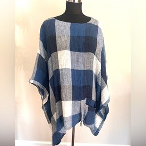 IC COLLECTION Blue and White Plaid Linen Oversized Tunic Top Size Large